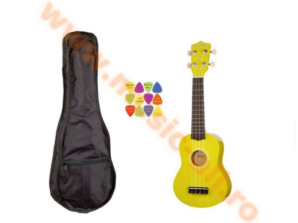 Set ukulele sopran Harley Benton UK-12 GALBEN 52cm , husa +12 pene