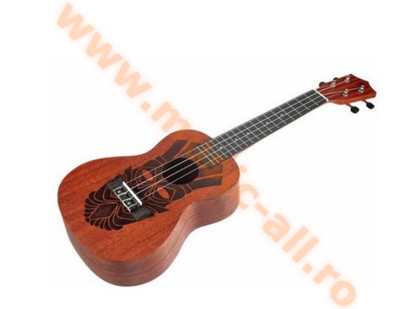 Ukulele Harley Benton Kahuns-S, cu desen motiv Tiki, gravat cu laser