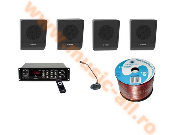 Kit audio sonorizare, Bar, Terasa, Biserica, amplificator LTC, 4 boxe de perete Bosch, 100M cablu, microfon profesional conferinta reglabil BST