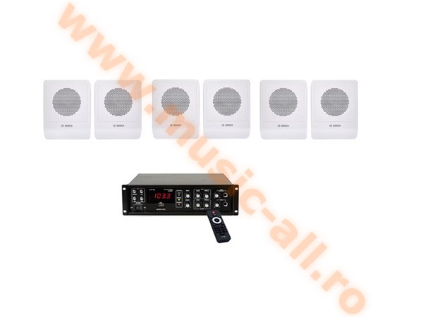 Kit audio sonorizare, Bar,Terasa, Biserica,amplificator 80W si 6 boxe de perete Bosch Albe