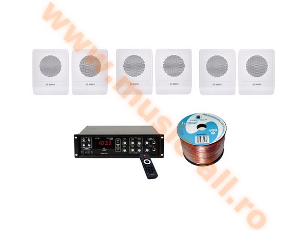 Kit audio sonorizare, Bar,Terasa, Biserica,amplificator 80W ,6 boxe de perete Bosch Albe ,100M cablu