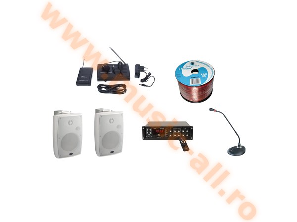 Kit audio sonorizare, Bar,Terasa, Biserica,Capela,amplificator, 2 boxe,microfon lavaliera fara fir